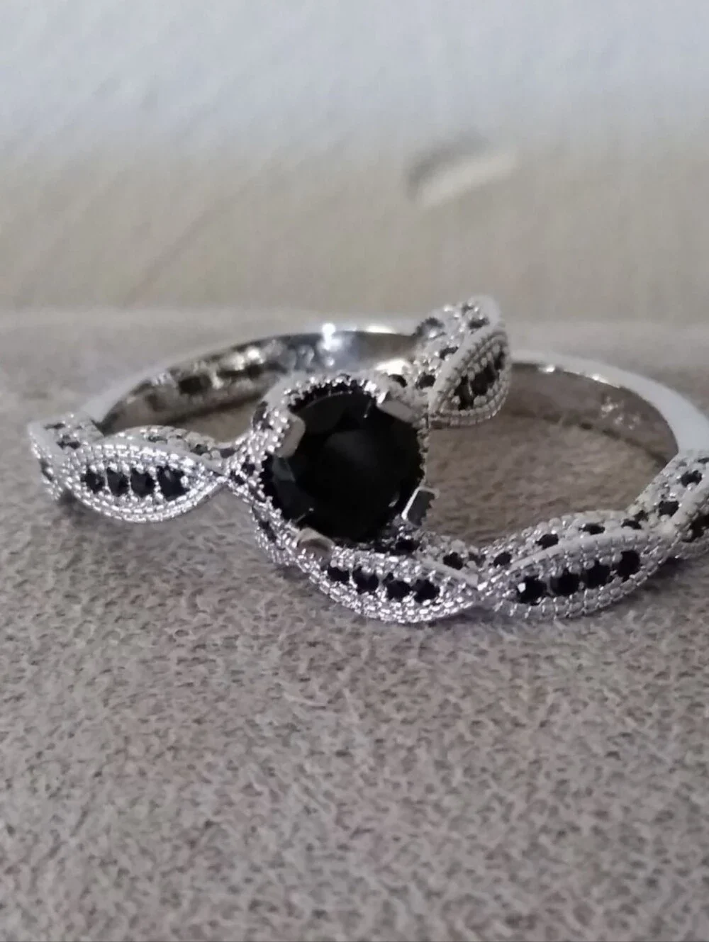 10k White Gold Over Silver 2 PC Onyx Solitaire W/Accents Eternity Ring Set Sz 10